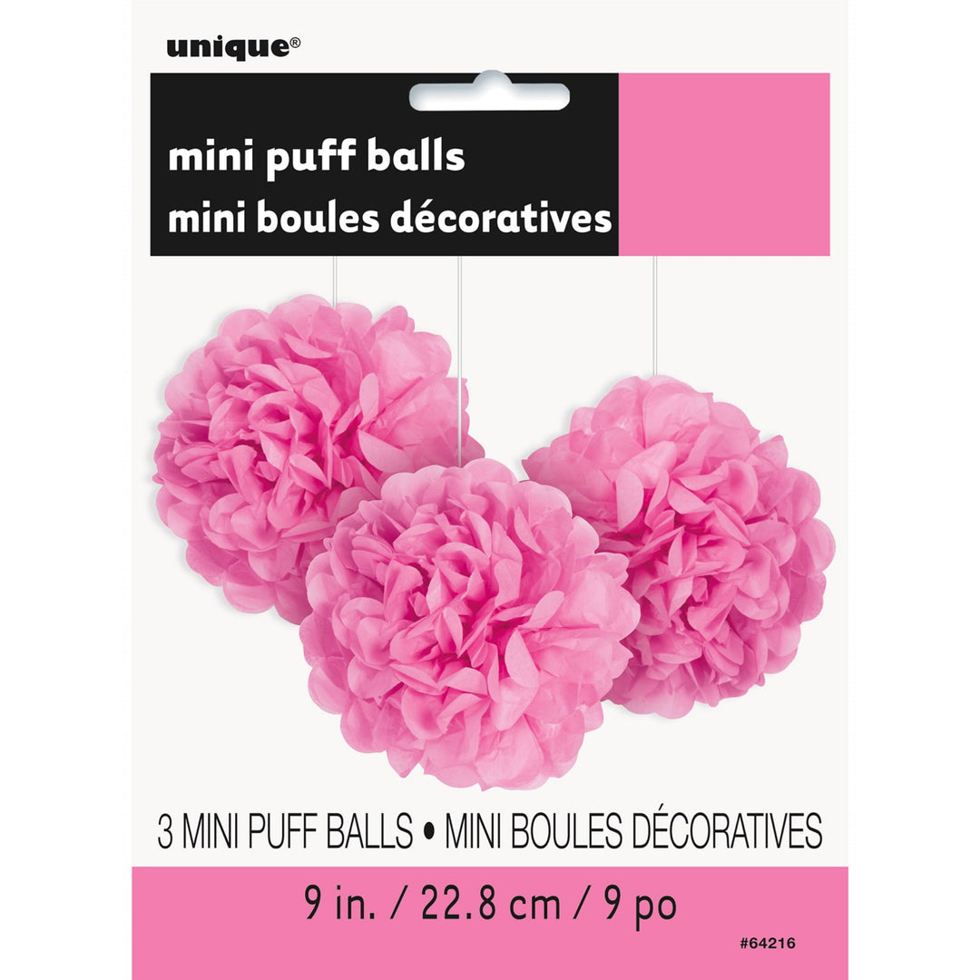 Hot Pink Mini Puffball Hanging Decorations - 3pk