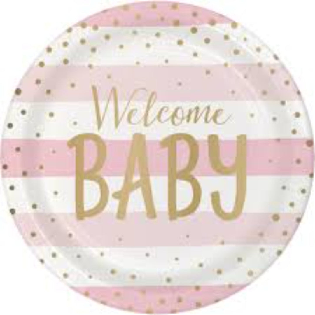 Welcome Baby Pink and Gold Paper Plates - 8pk