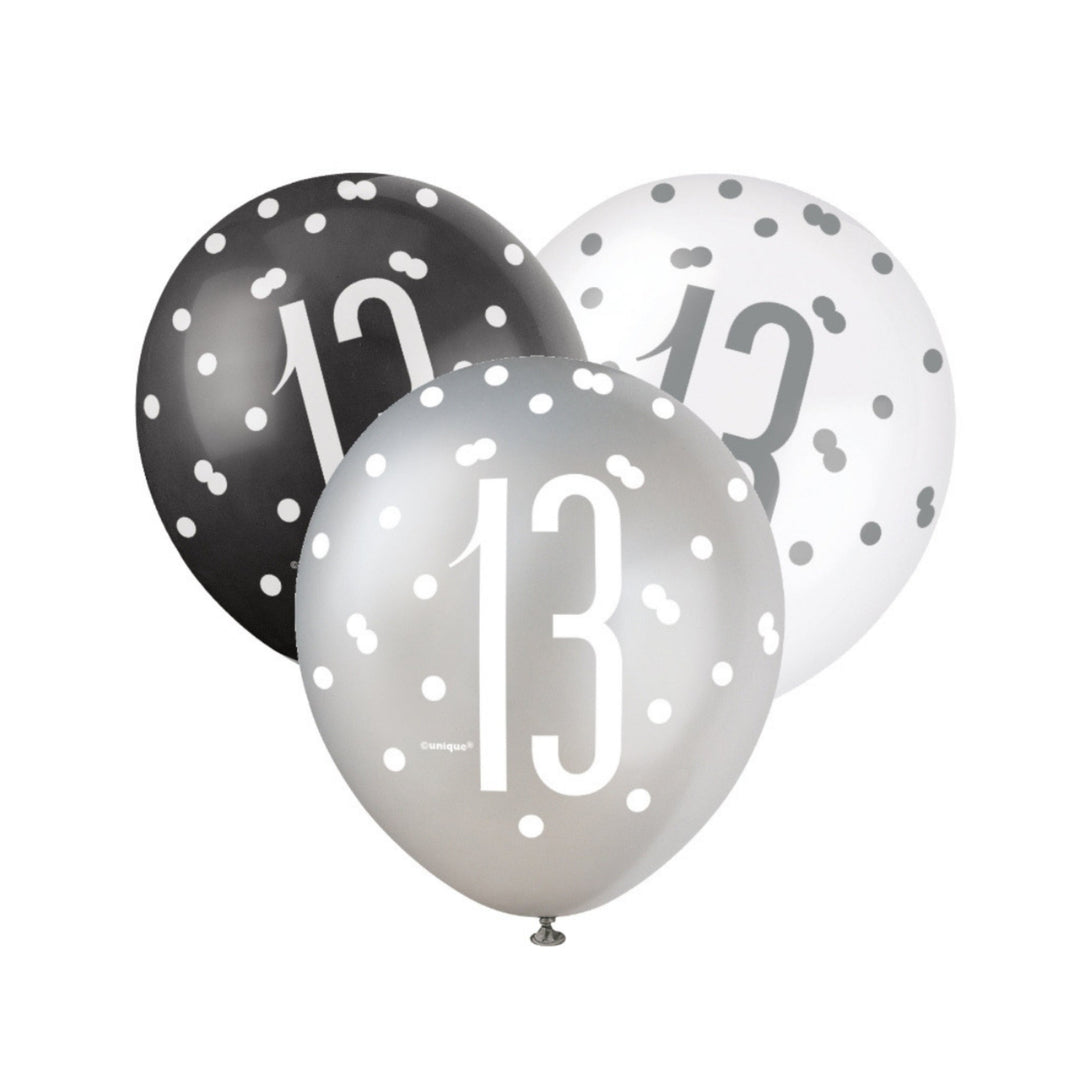 Black, Silver & White Glitz 13th Birthday Latex Balloons - 6pk