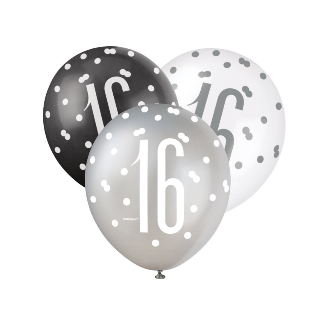 Black, Silver & White Glitz 16th Birthday Latex Balloons - 6pk