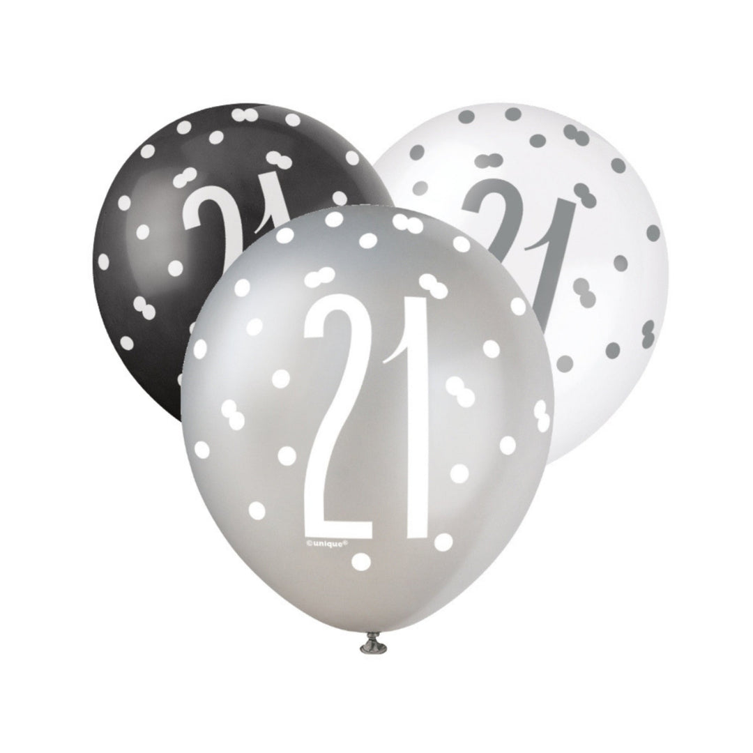 Black, Silver & White Glitz 21st Birthday Latex Balloons - 6pk