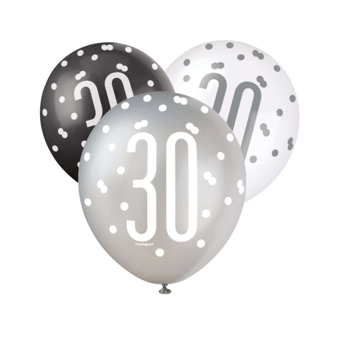 Black, Silver & White Glitz 30th Birthday Latex Balloons - 6pk
