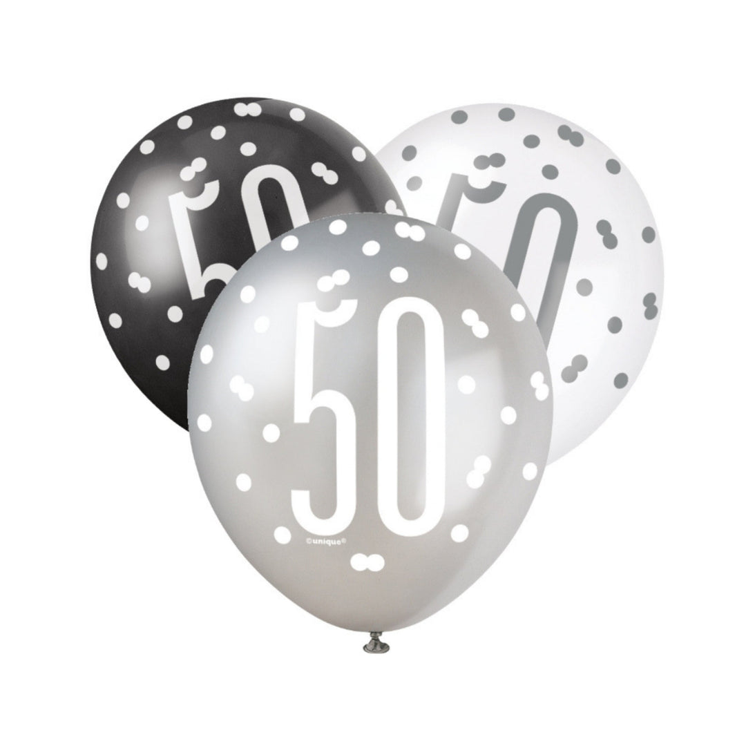Black, Silver & White Glitz 50th Birthday Latex Balloons - 6pk