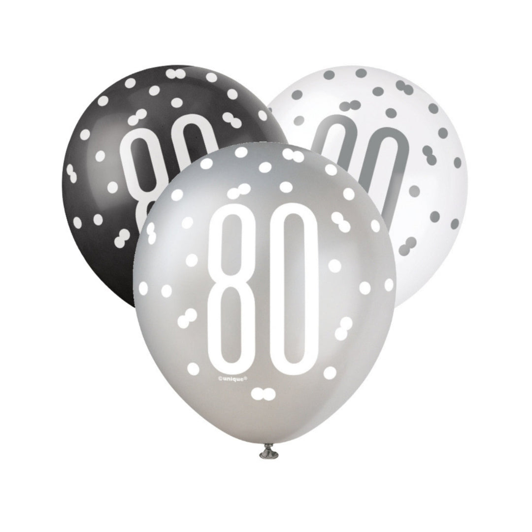 Black, Silver & White Glitz 80th Birthday Latex Balloons - 6pk