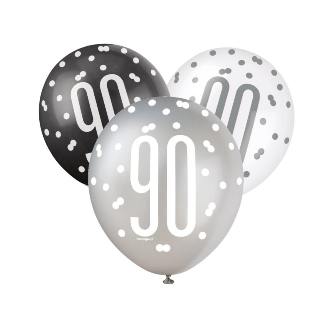 Black, Silver & White Glitz 90th Birthday Latex Balloons - 6pk