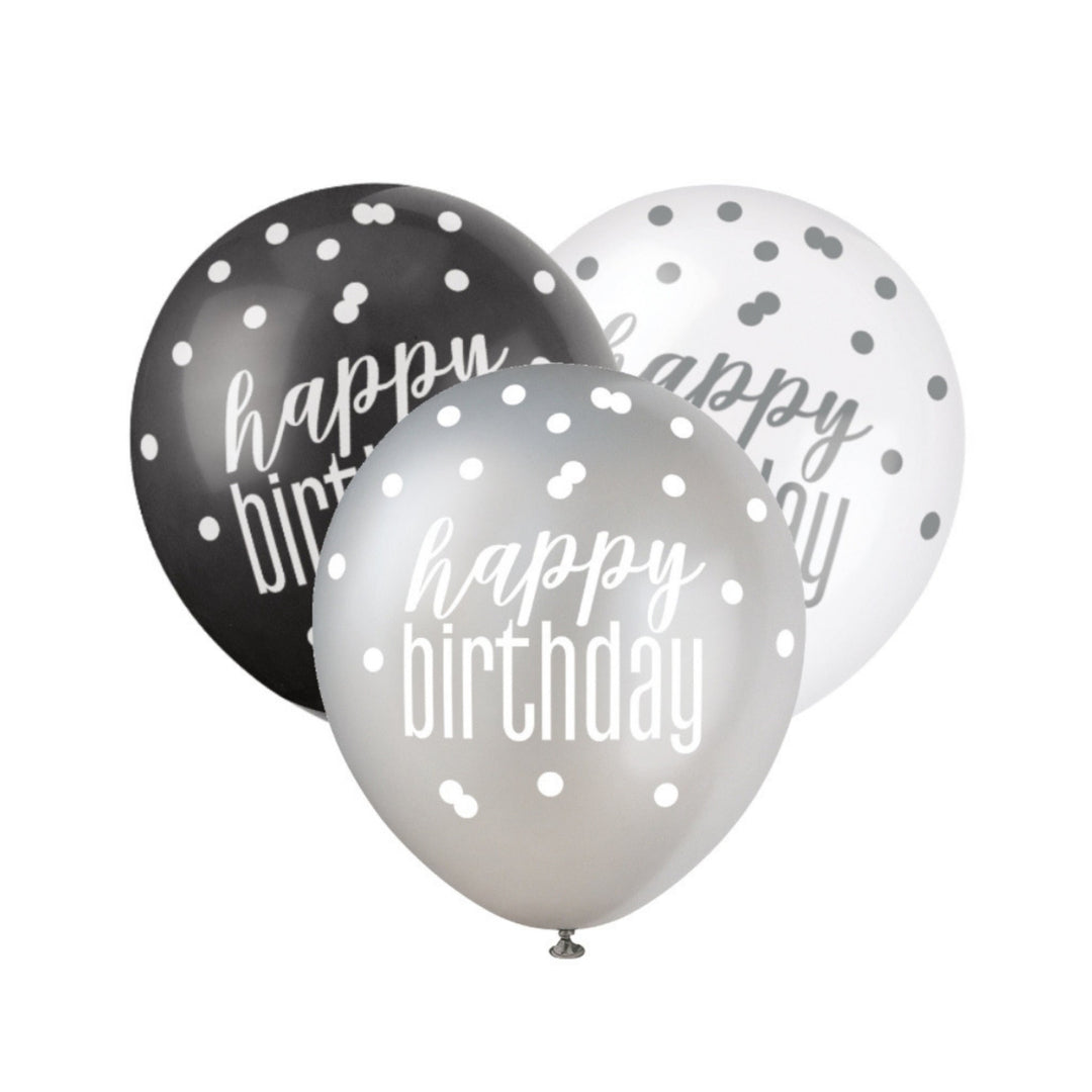 Black, Silver & White Glitz Happy Birthday Latex Balloons - 6pk