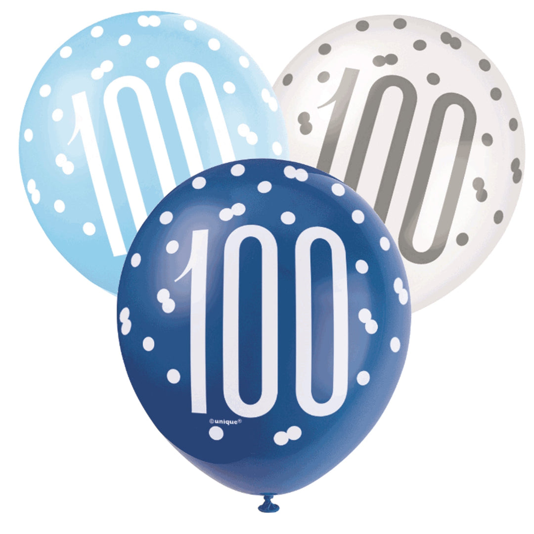 Blue & White Glitz 100th Birthday Latex Balloons - 6pk