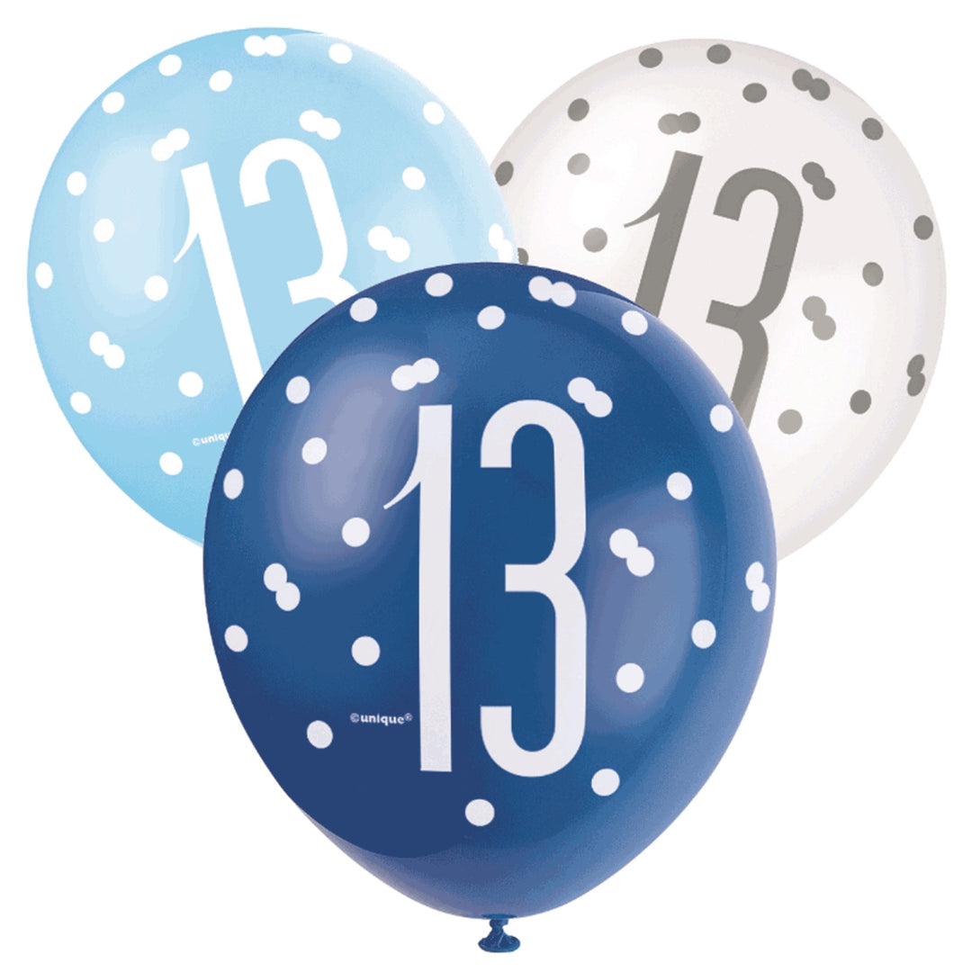 Blue & White Glitz 13th Birthday Latex Balloons - 6pk
