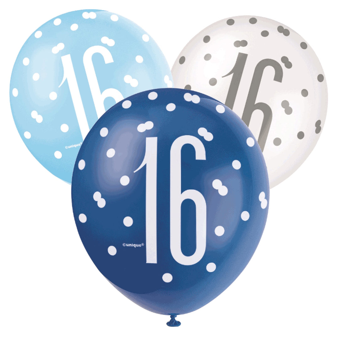Blue & White Glitz 16th Birthday Latex Balloons - 6pk