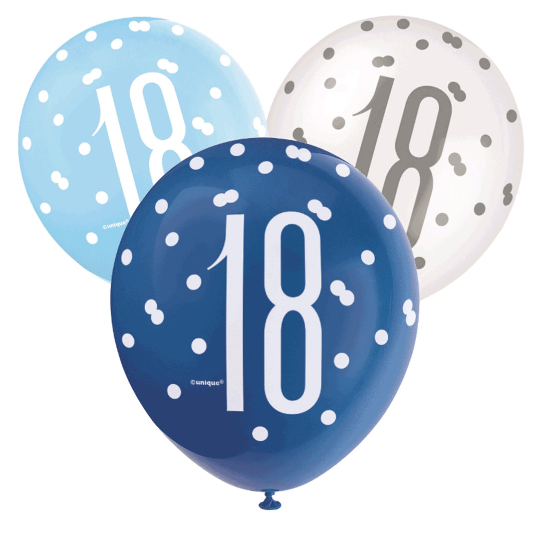 Blue & White Glitz 18th Birthday Latex Balloons - 6pk