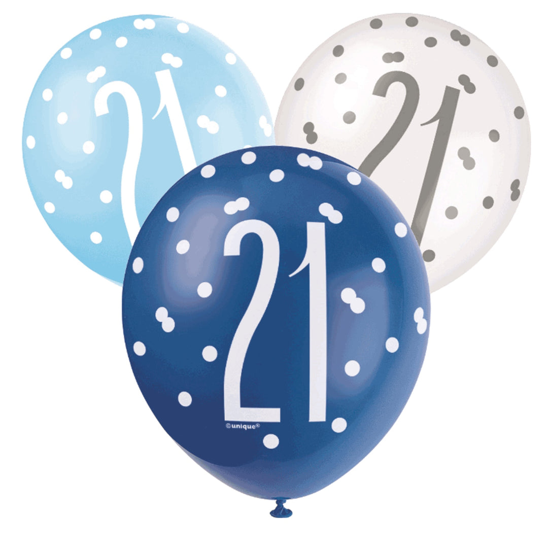 Blue & White Glitz 21st Birthday Latex Balloons - 6pk