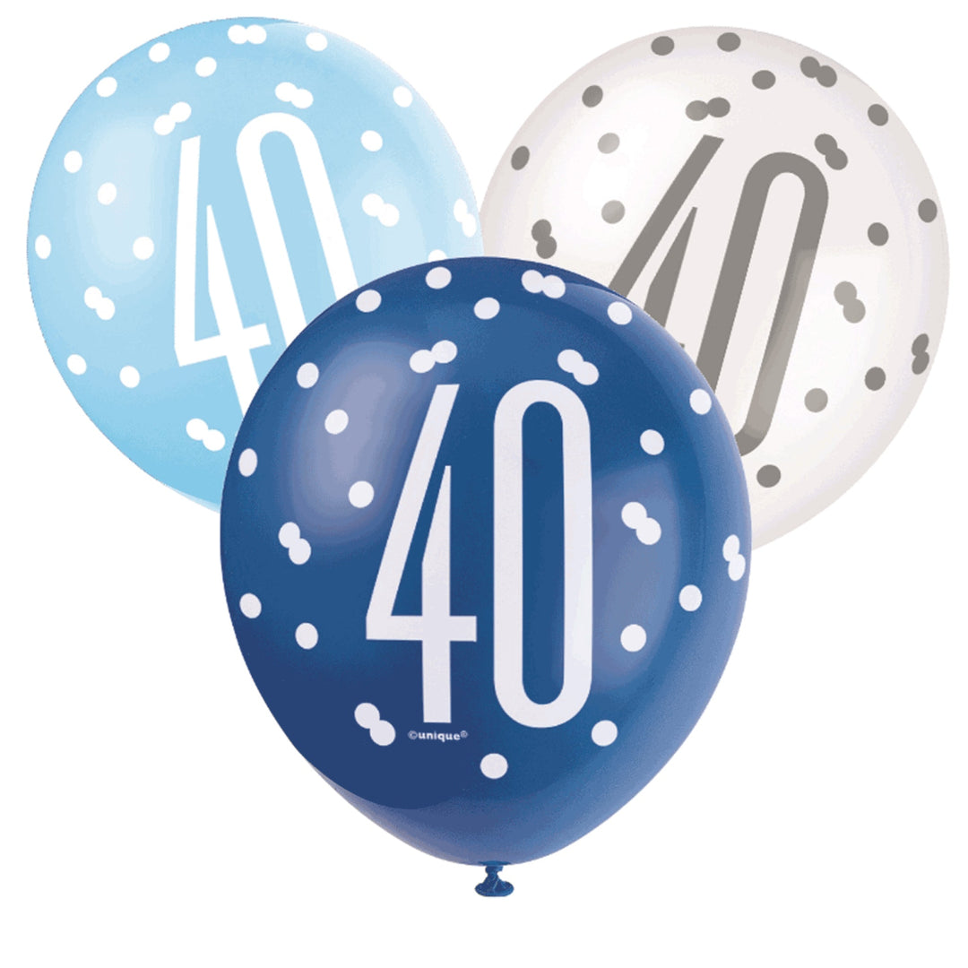 Blue & White Glitz 40th Birthday Latex Balloons - 6pk