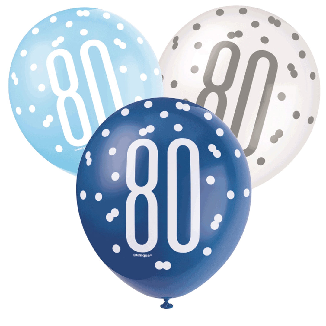 Blue & White Glitz 80th Birthday Latex Balloons - 6pk