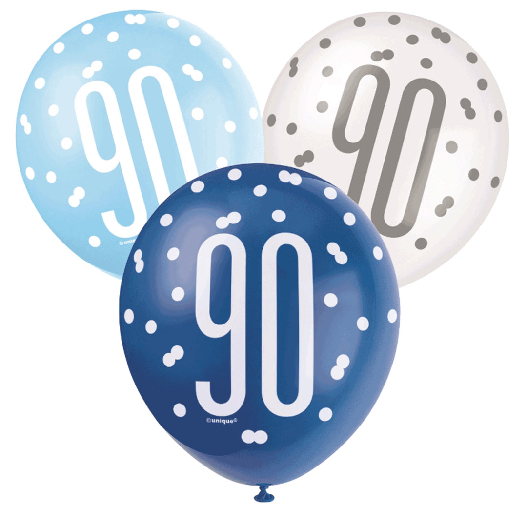 Blue & White Glitz 90th Birthday Latex Balloons - 6pk
