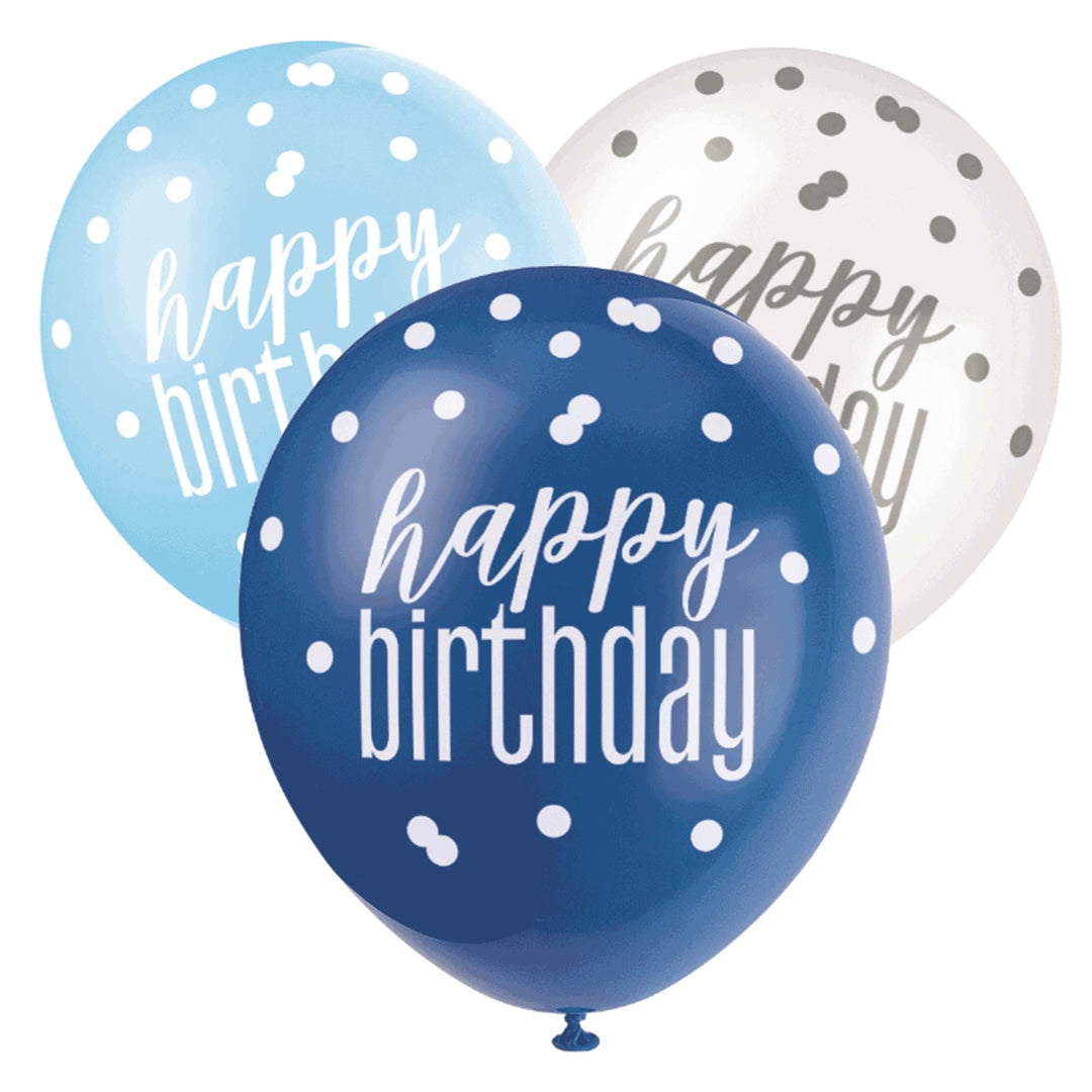 Blue & White Glitz Happy Birthday Latex Balloons - 6pk