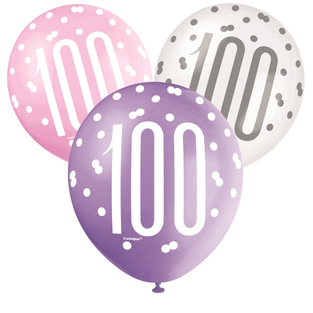 Pink, Purple & White Glitz 100th Birthday Latex Balloons - 6pk