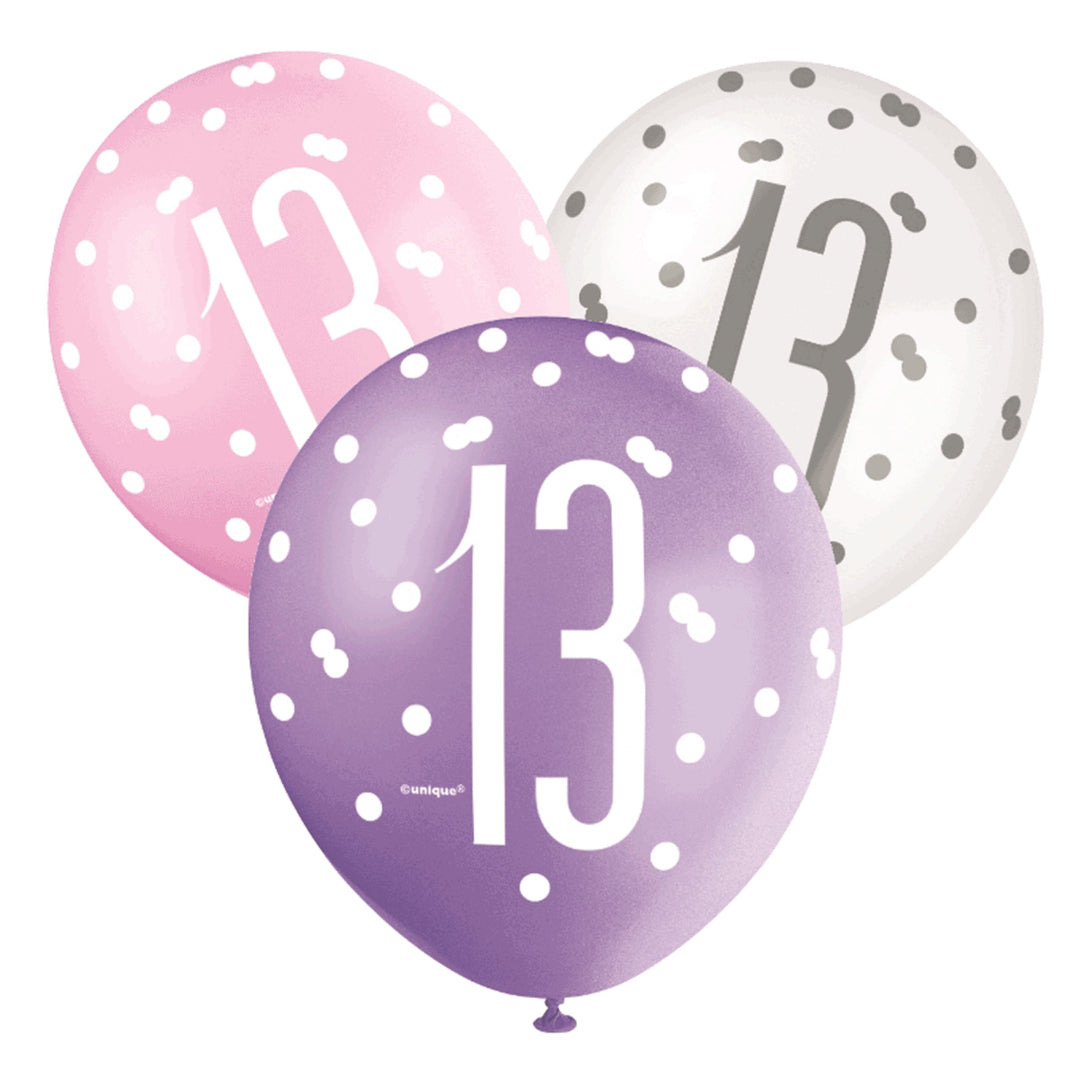 Pink, Purple & White Glitz 13th Birthday Latex Balloons - 6pk