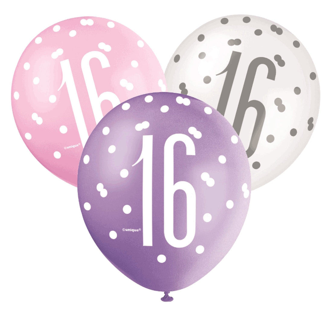 Pink, Purple & White Glitz 16th Birthday Latex Balloons - 6pk