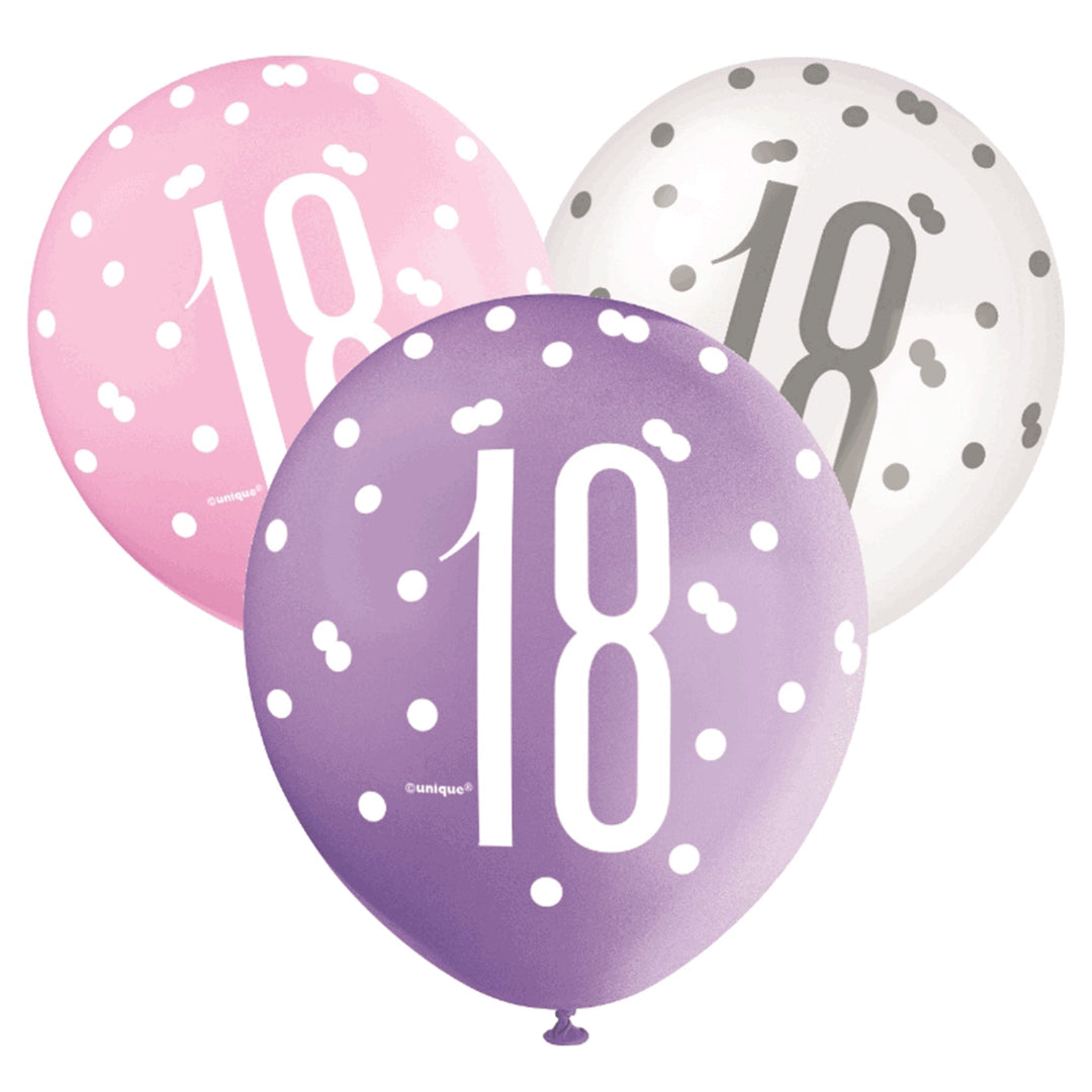 Pink, Purple & White Glitz 18th Birthday Latex Balloons - 6pk