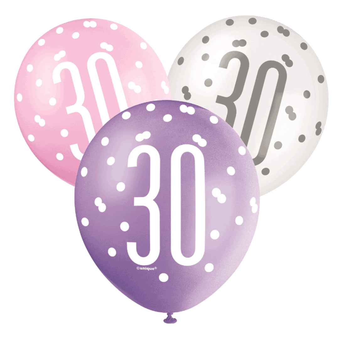 Pink, Purple & White Glitz 30th Birthday Latex Balloons - 6pk