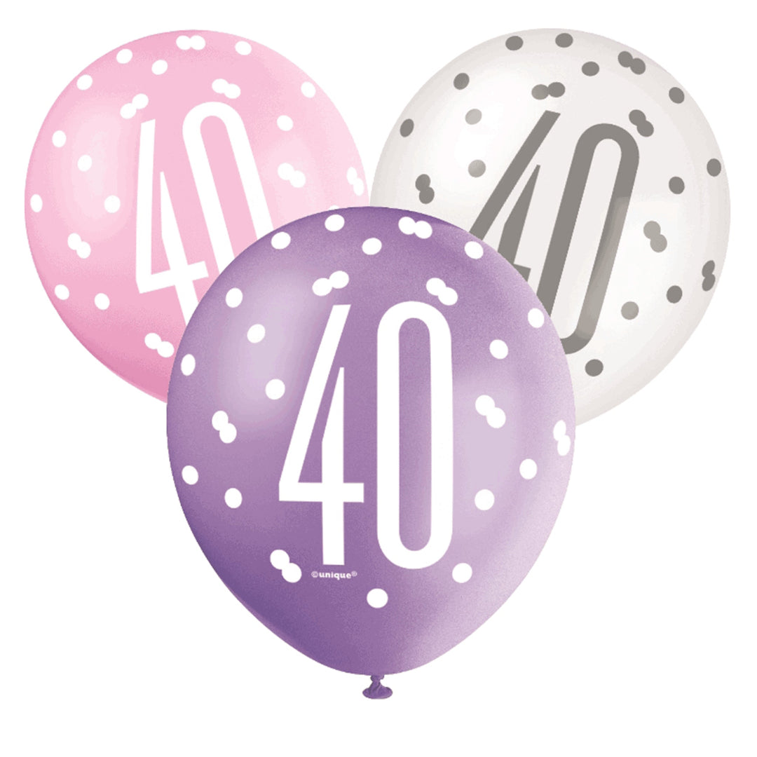 Pink, Purple & White Glitz 40th Birthday Latex Balloons - 6pk