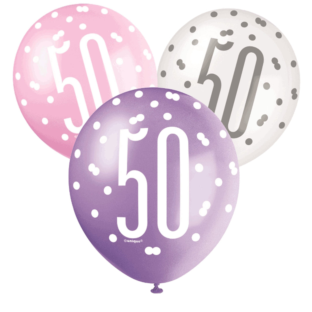 Pink, Purple & White Glitz 50th Birthday Latex Balloons - 6pk