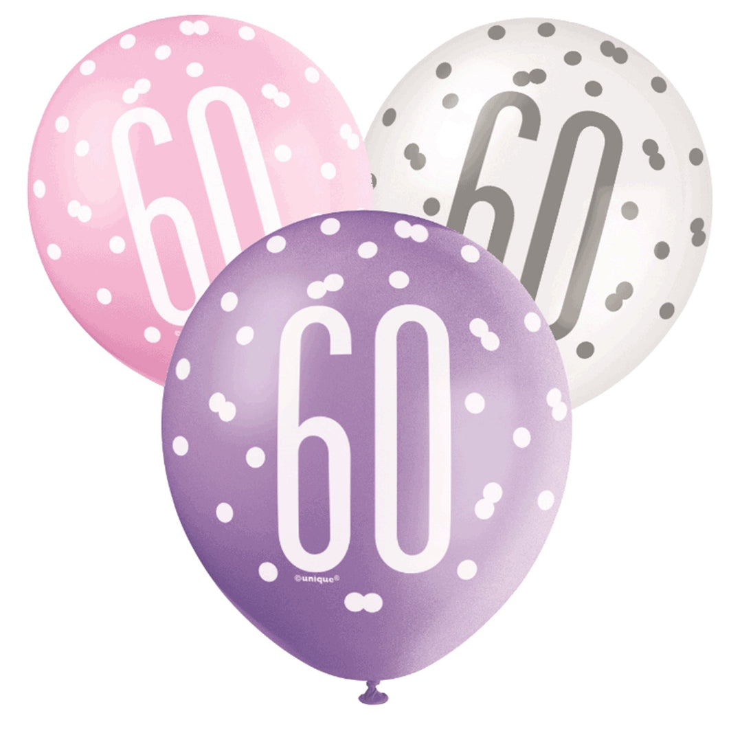 Pink, Purple & White Glitz 60th Birthday Latex Balloons - 6pk