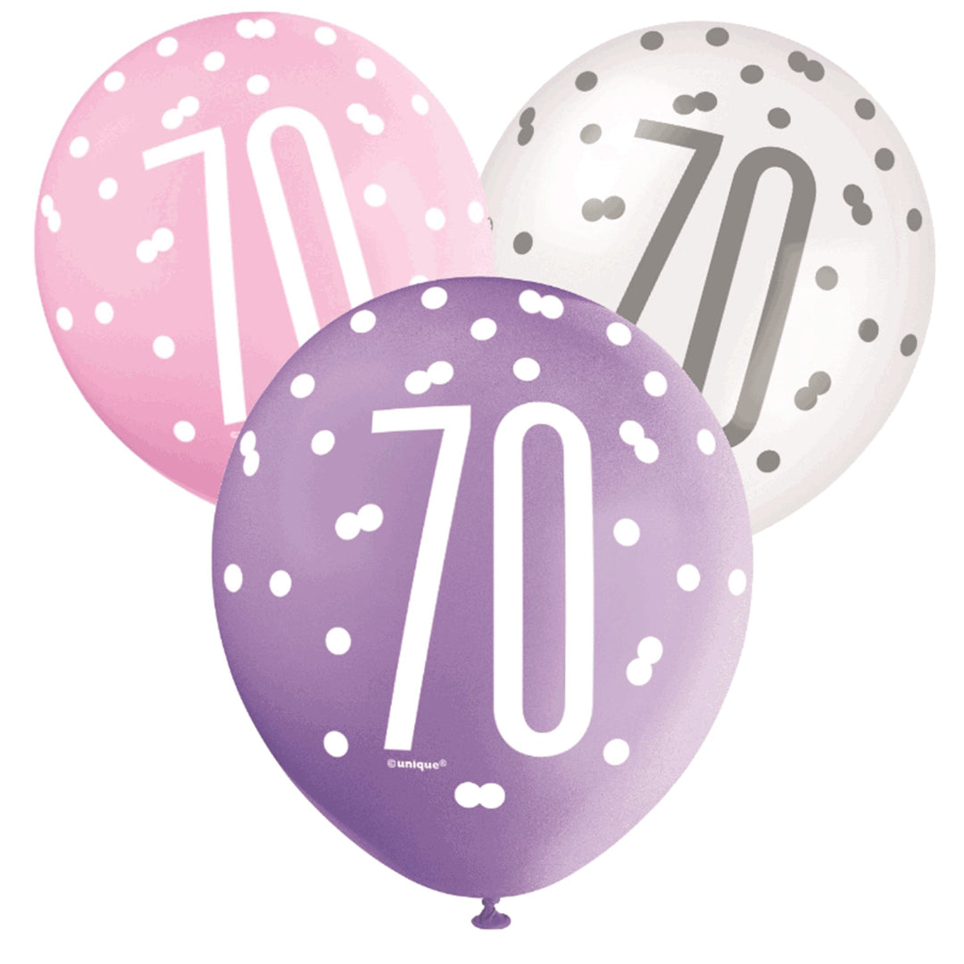 Pink, Purple & White Glitz 70th Birthday Latex Balloons - 6pk