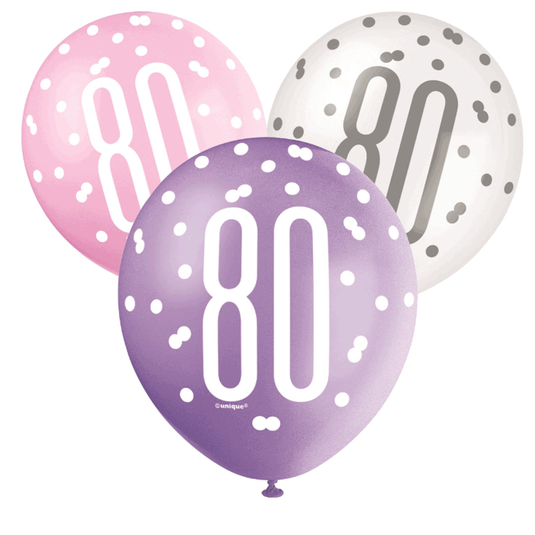 Pink, Purple & White Glitz 80th Birthday Latex Balloons - 6pk