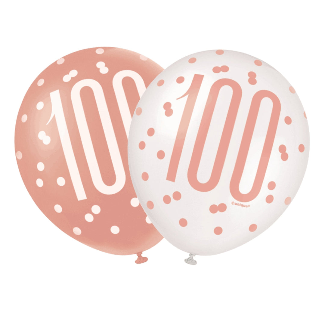 Rose Gold & White Glitz 100th Birthday Latex Balloons - 6pk