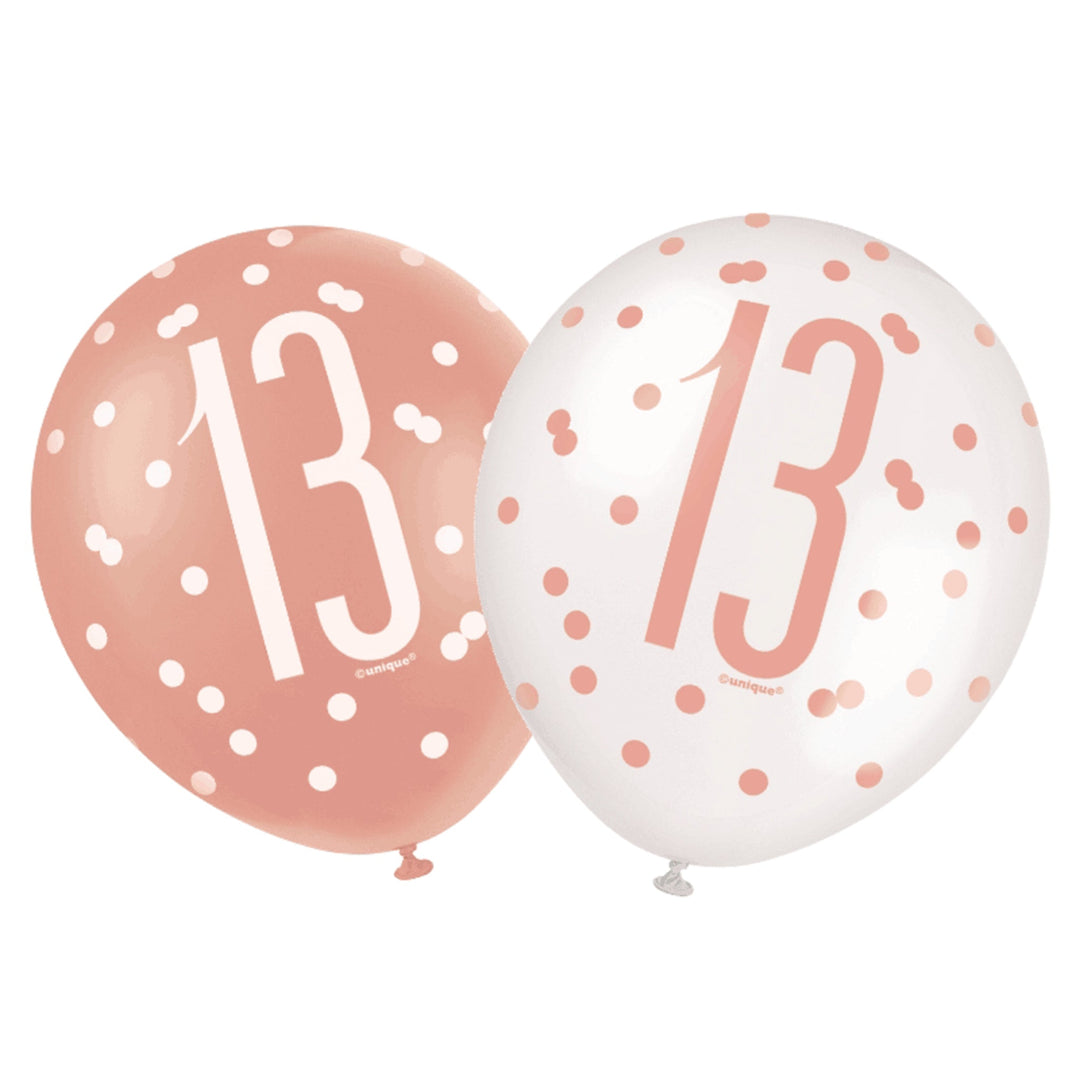 Rose Gold & White Glitz 13th Birthday Latex Balloons - 6pk
