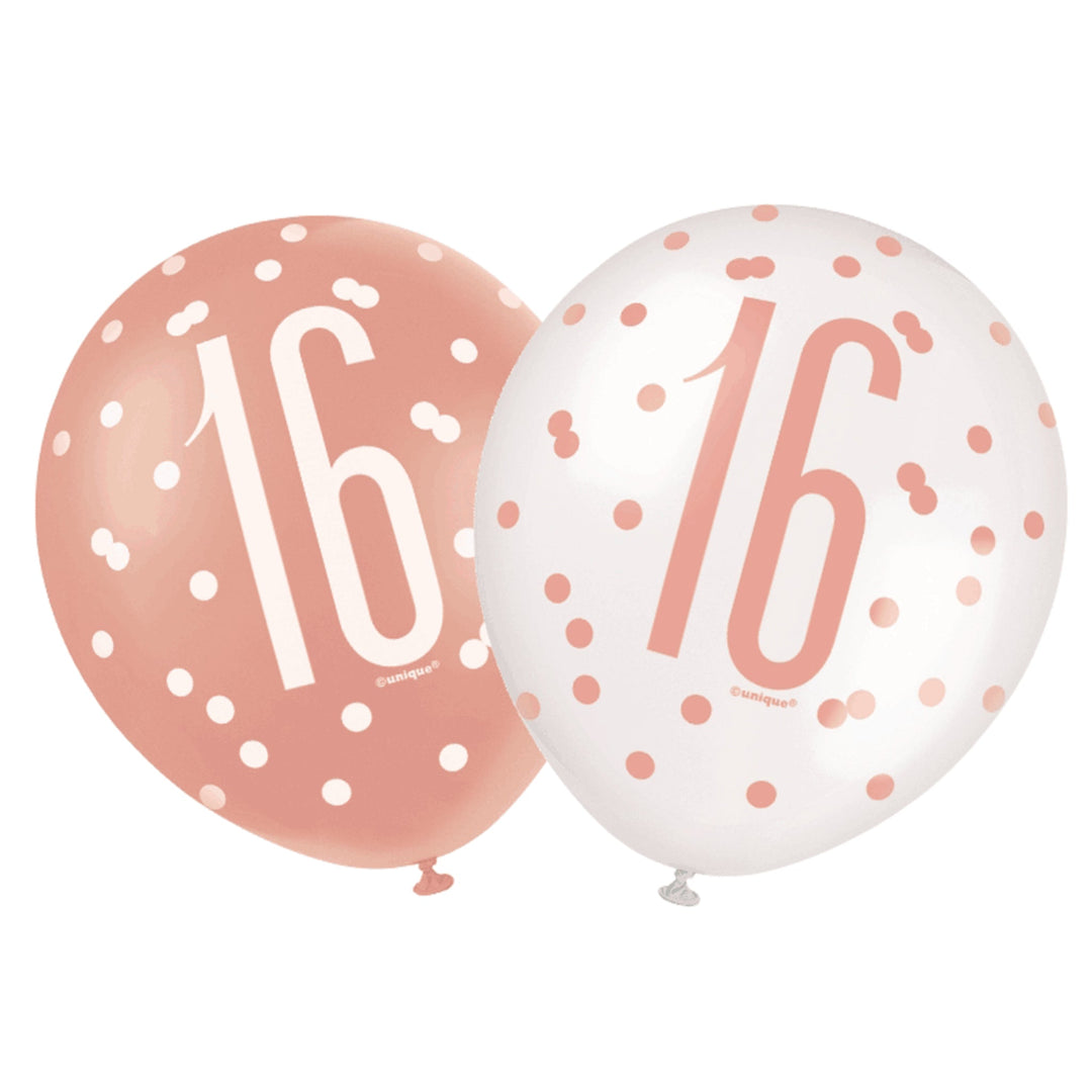 Rose Gold & White Glitz 16th Birthday Latex Balloons - 6pk