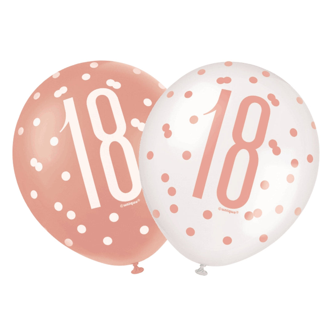 Rose Gold & White Glitz 18th Birthday Latex Balloons - 6pk