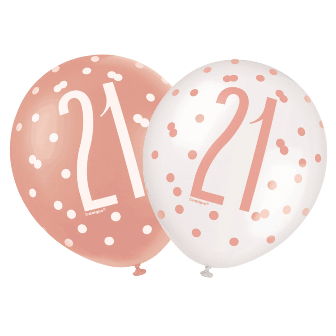 Rose Gold & White Glitz 21st Birthday Latex Balloons - 6pk
