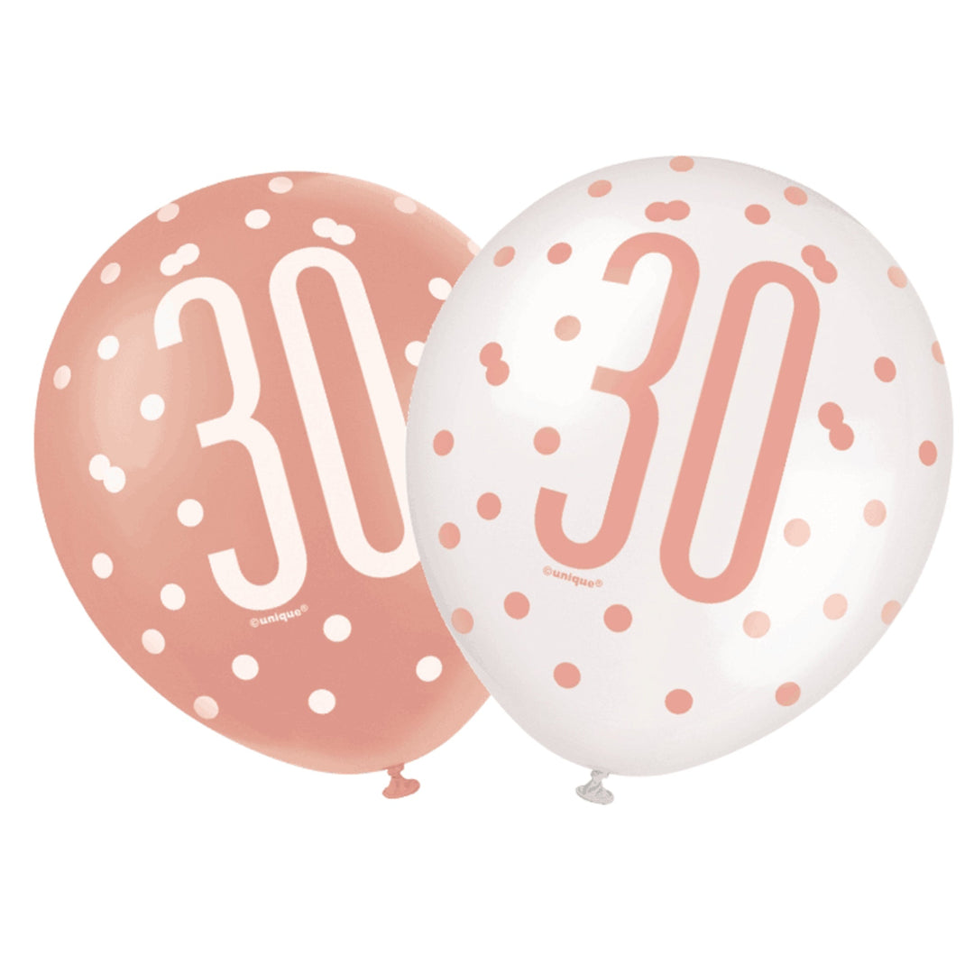 Rose Gold & White Glitz 30th Birthday Latex Balloons - 6pk