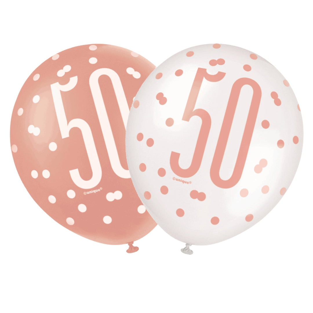 Rose Gold & White Glitz 50th Birthday Latex Balloons - 6pk