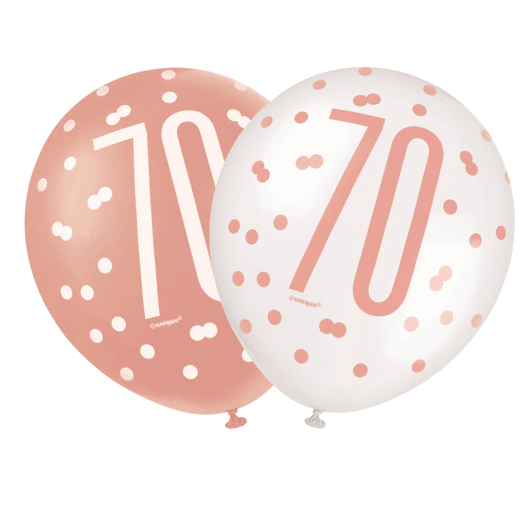 Rose Gold & White Glitz 70th Birthday Latex Balloons - 6pk