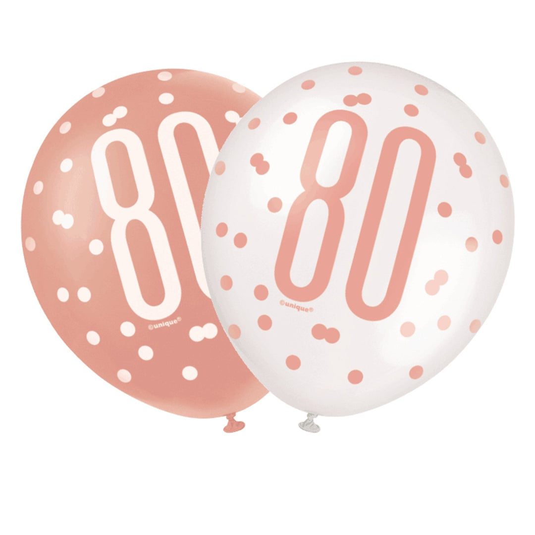 Rose Gold & White Glitz 80th Birthday Latex Balloons - 6pk