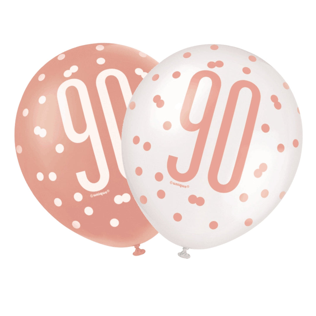 Rose Gold & White Glitz 90th Birthday Latex Balloons - 6pk